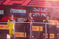 Charles Leclerc (MON) Ferrari F1-75  Max Verstappen (NED) Redbull Racing RB18  George Russell (GBR) Mercedes W13 E Performance on the podium